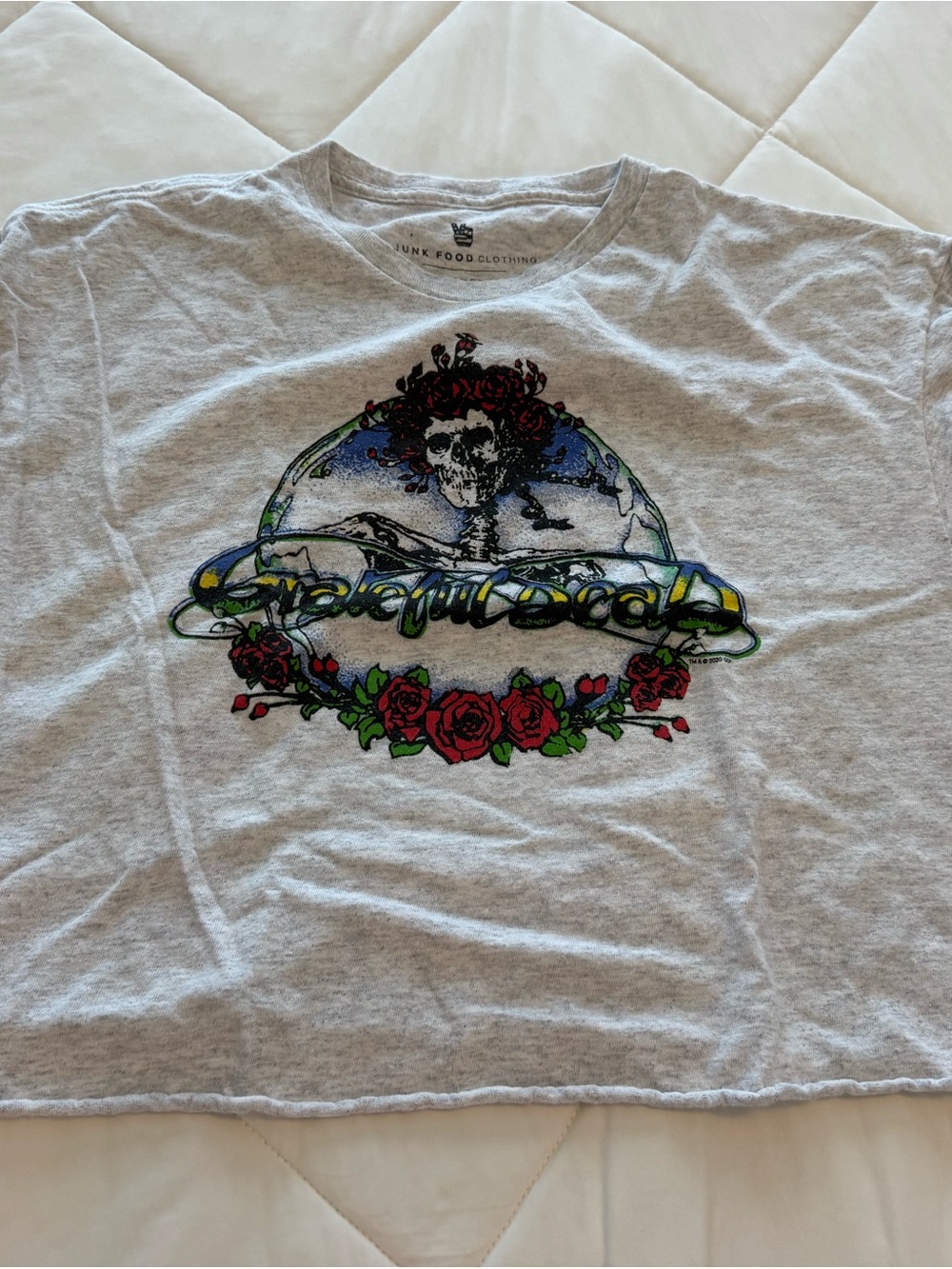 Junk Food Clothing Grateful Dead Crop Tee with Red Roses and Blue Accents